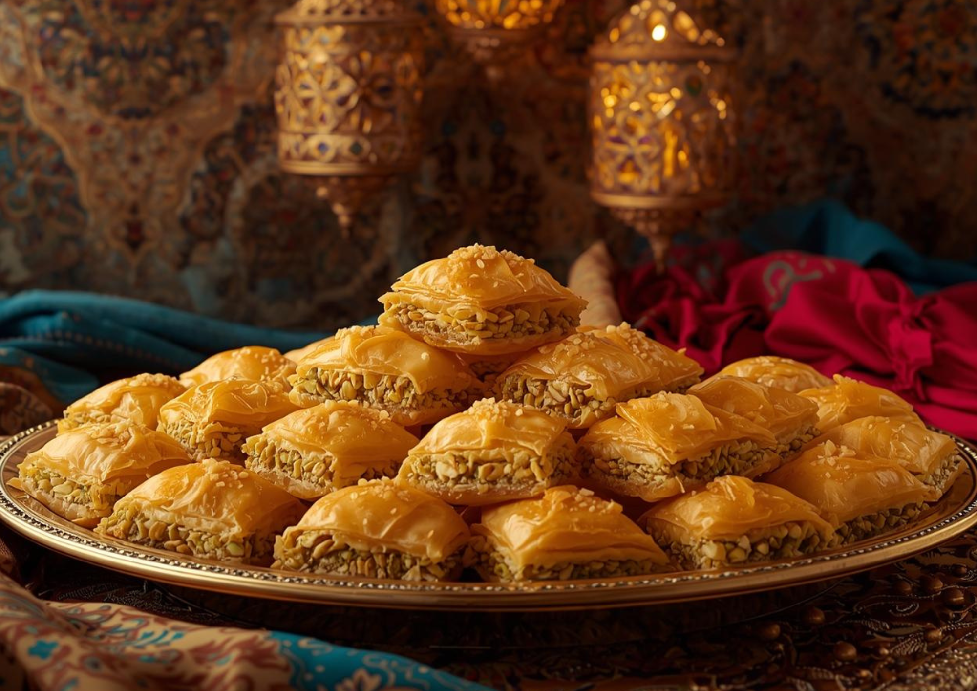 Plateau de plusieurs baklava dans un décor oriental